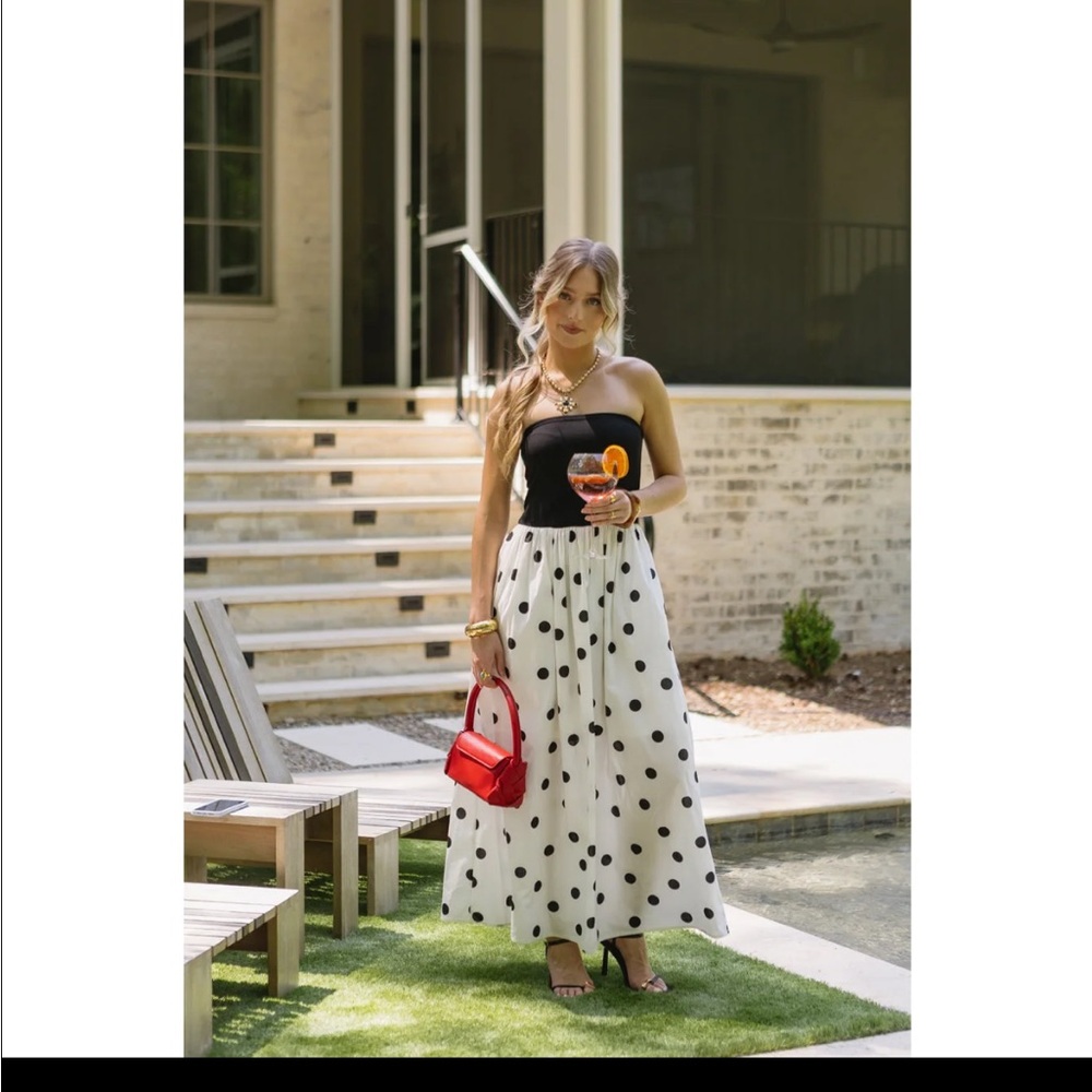 vestique Black Strapless Top with White Polka Dot Maxi Skirt